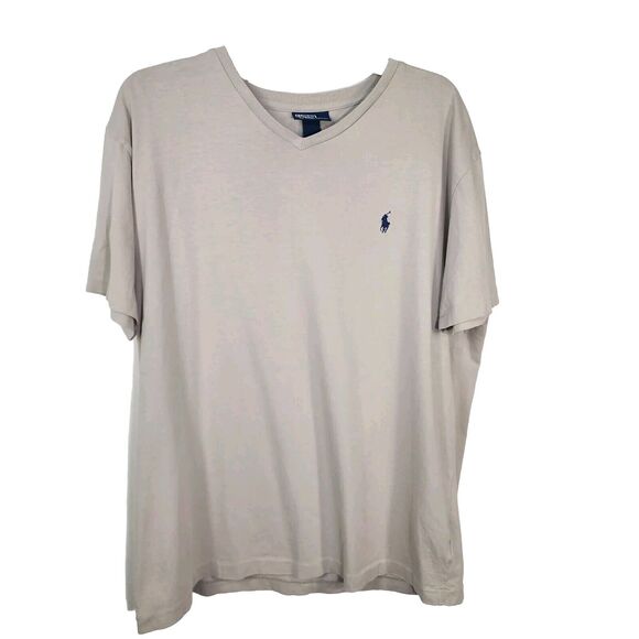 Polo Ralph Lauren Mens T Shirt Large Gray Short Sleeve Blue Pony Cotton V Neck - Picture 1 of 8